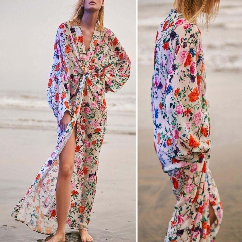 FRANCESCA MIRANDA Francesca Floral Silk Blend Devore Long Kimono
